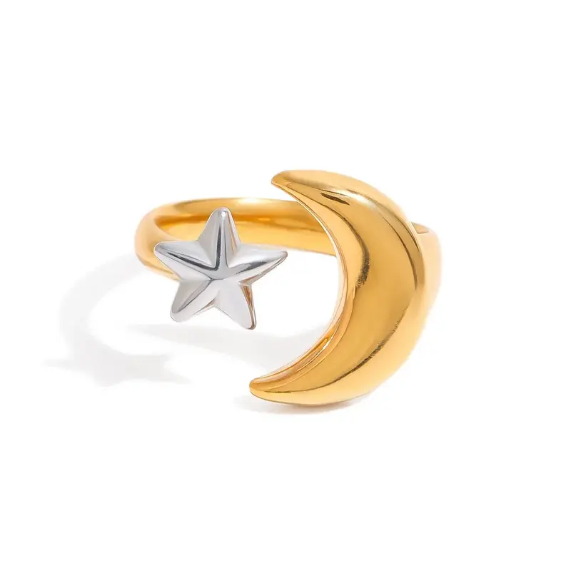 18K Gold Moon And Star With Gold And Silver Color Matching Design Trendy Personality Open Ring 1