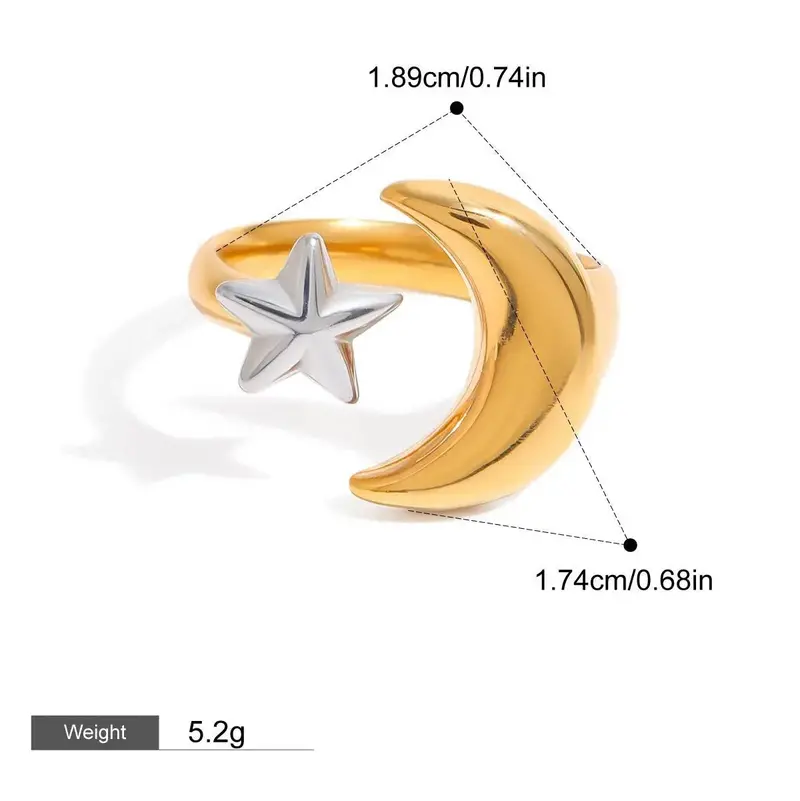 18K Gold Moon And Star With Gold And Silver Color Matching Design Trendy Personality Open Ring 2