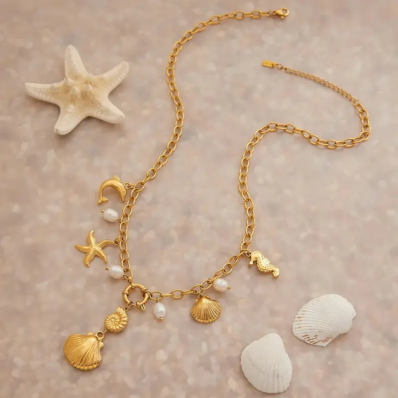 18K Gold Ocean Element With Texture Design Exquisite Fashion Necklace 1