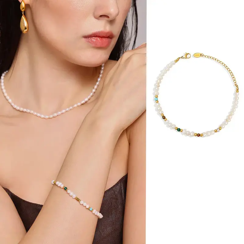 18K Gold Pearl With Round Bead Design Classic Fashion Bracelet 1