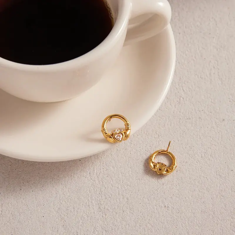 18K Gold-Plated Friendship Hand Design Titanium Steel Stud Earrings With Cubic Zirconia. 1