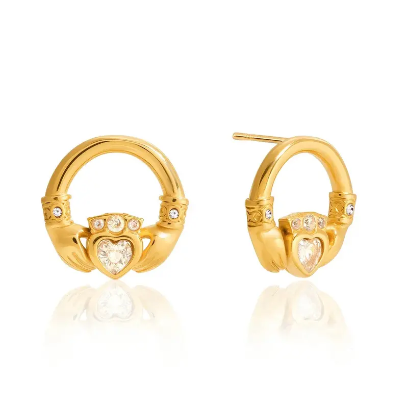 18K Gold-Plated Friendship Hand Design Titanium Steel Stud Earrings With Cubic Zirconia. 1