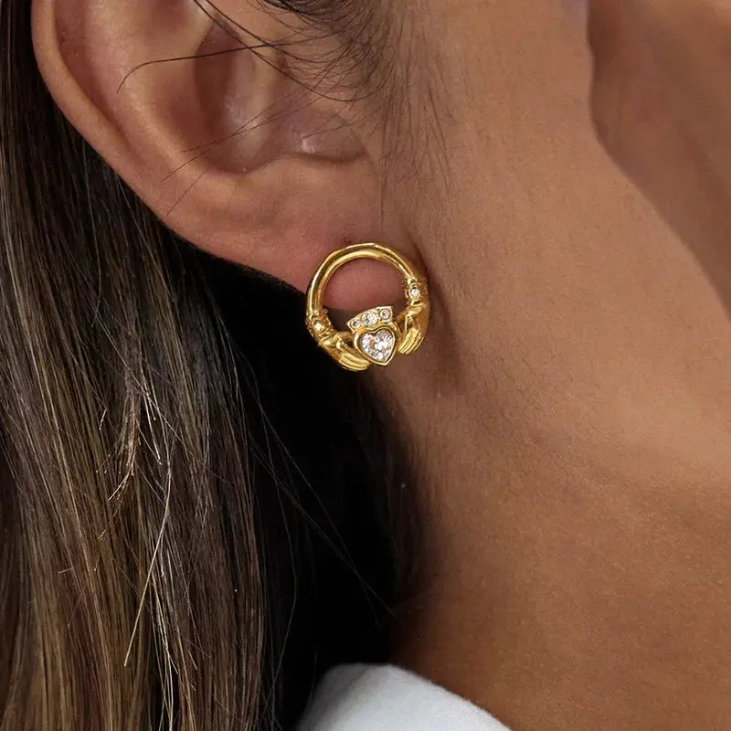 18K Gold-Plated Friendship Hand Design Titanium Steel Stud Earrings With Cubic Zirconia. 2