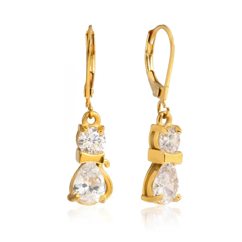 18K Gold Plated, Lightweight And Luxurious Cat-Shaped Earrings With Zircon Stones. 1