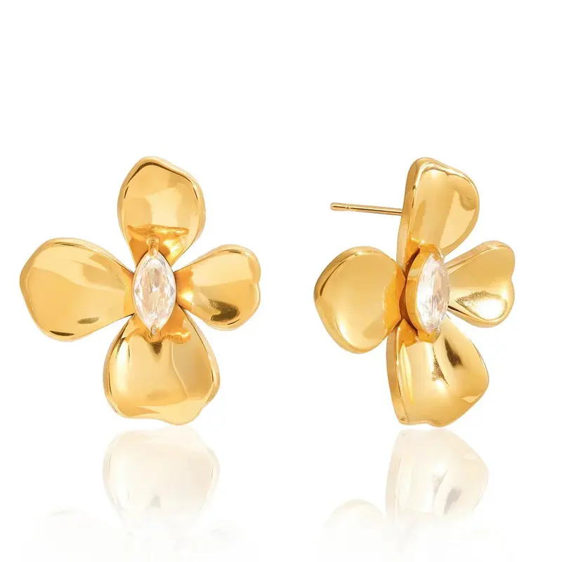 18K Gold-Plated, Luxurious And High-End Titanium Steel Flower-Shaped Stud Earrings With Cubic Zirconia. 1
