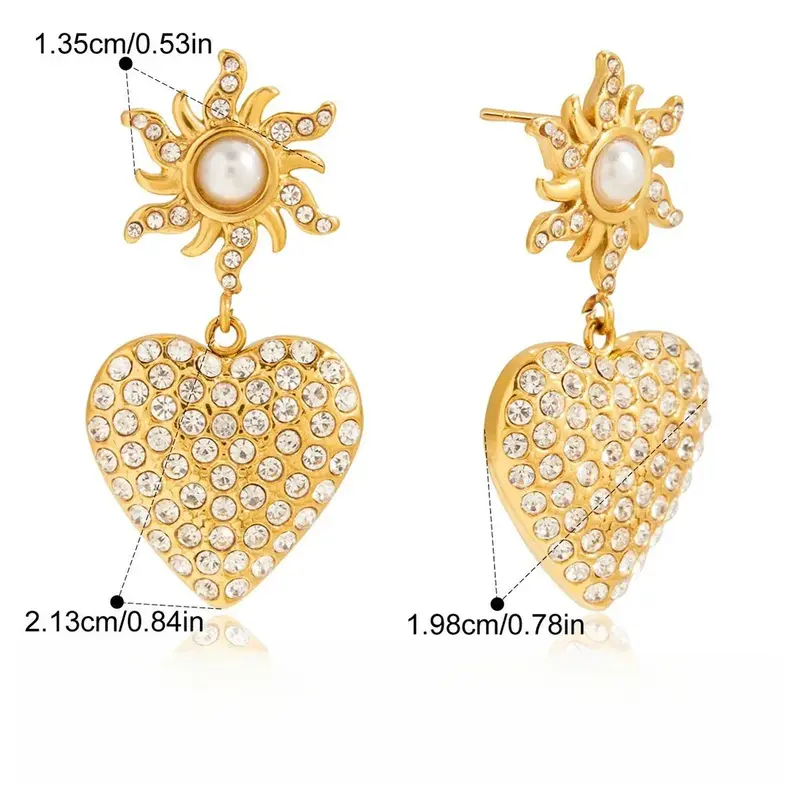 18K Gold-Plated, Rhinestone-Embellished Heart-Shaped Pearl Titanium Steel Stud Earrings 1