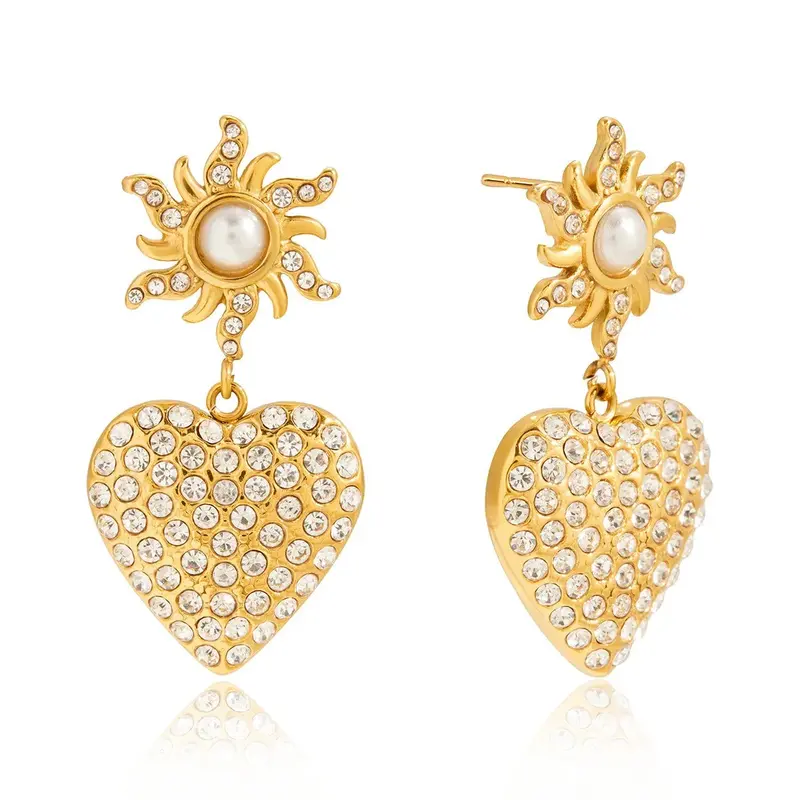 18K Gold-Plated, Rhinestone-Embellished Heart-Shaped Pearl Titanium Steel Stud Earrings 1