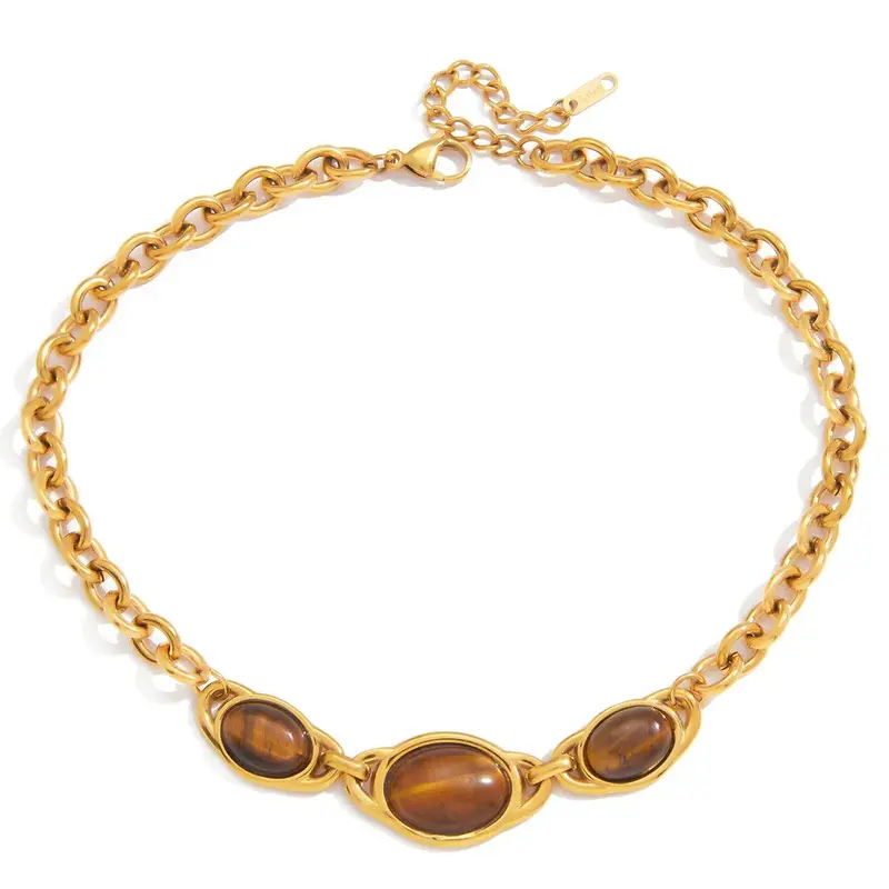 18K Gold-Plated Titanium Necklace With Tiger's Eye. 1