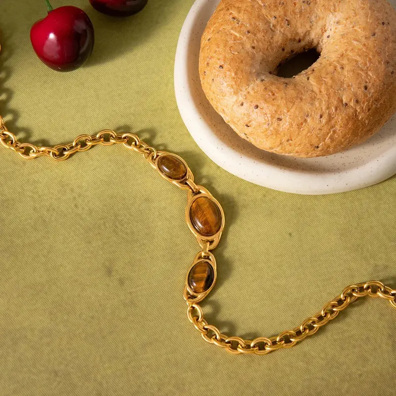 18K Gold-Plated Titanium Necklace With Tiger's Eye. 2