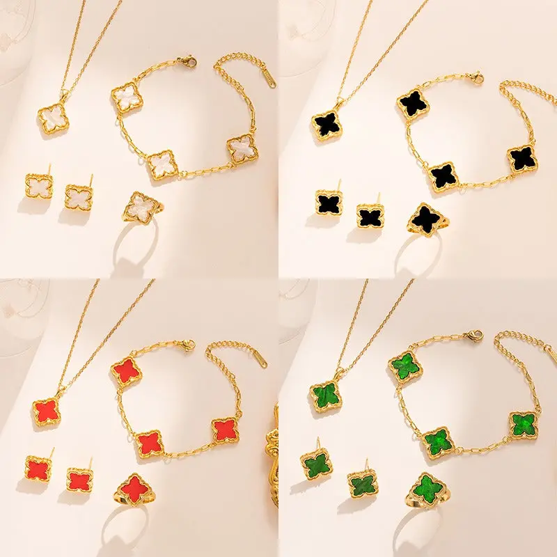 18K Gold Rhombus-Shaped Four-Leaf Clover Necklace, Bracelet, Earrings, And Ring Set 1