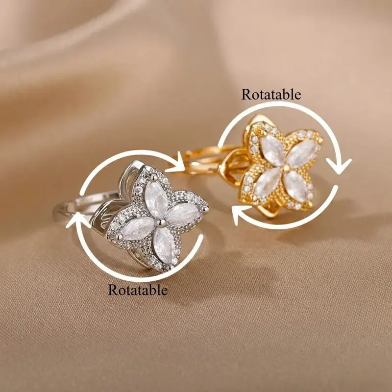 18K Gold Rotatable Zircon Flower Stress-Relief Ring. 3