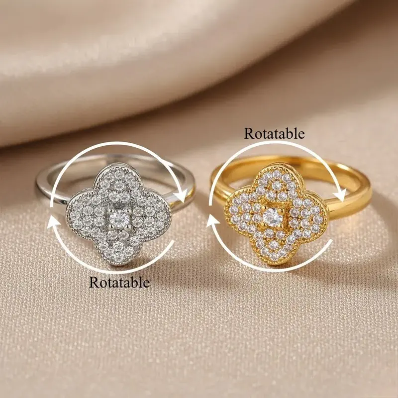 18K Gold Rotatable Zircon Flower Stress-Relief Ring. 5
