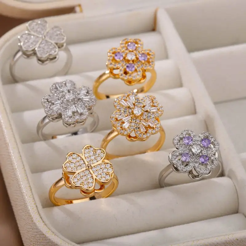 18K Gold Rotatable Zircon Flower Stress-Relief Ring. 5