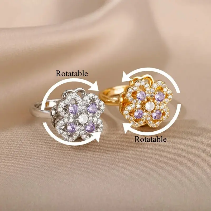 18K Gold Rotatable Zircon Flower Stress-Relief Ring. 7