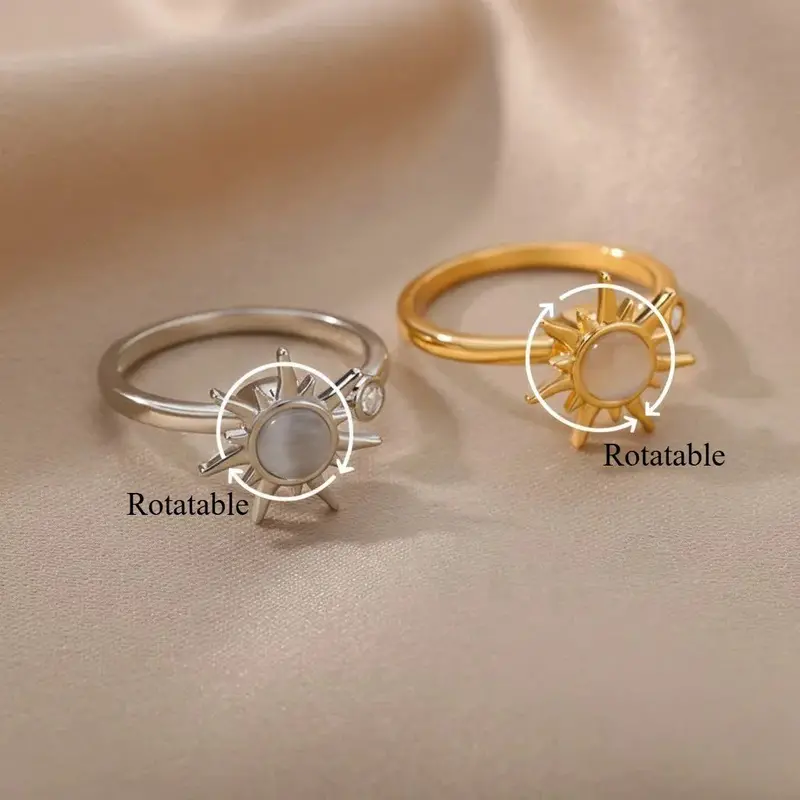 18K Gold Rotatable Zircon Flower Stress-Relief Ring. 7