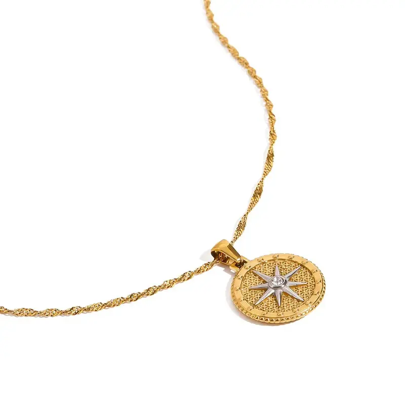 18K Gold Round Necklace With Eight-Pointed Star Design, Classic And Fashionable 1