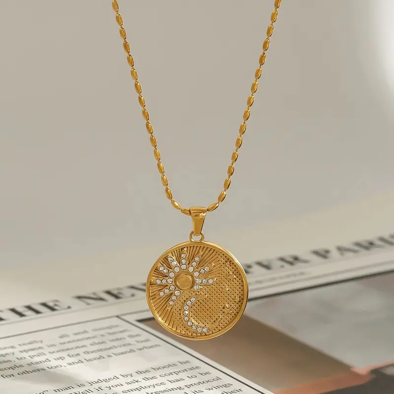 18K Gold Round Necklace With Sun And Moon Pattern And Diamond Design 1