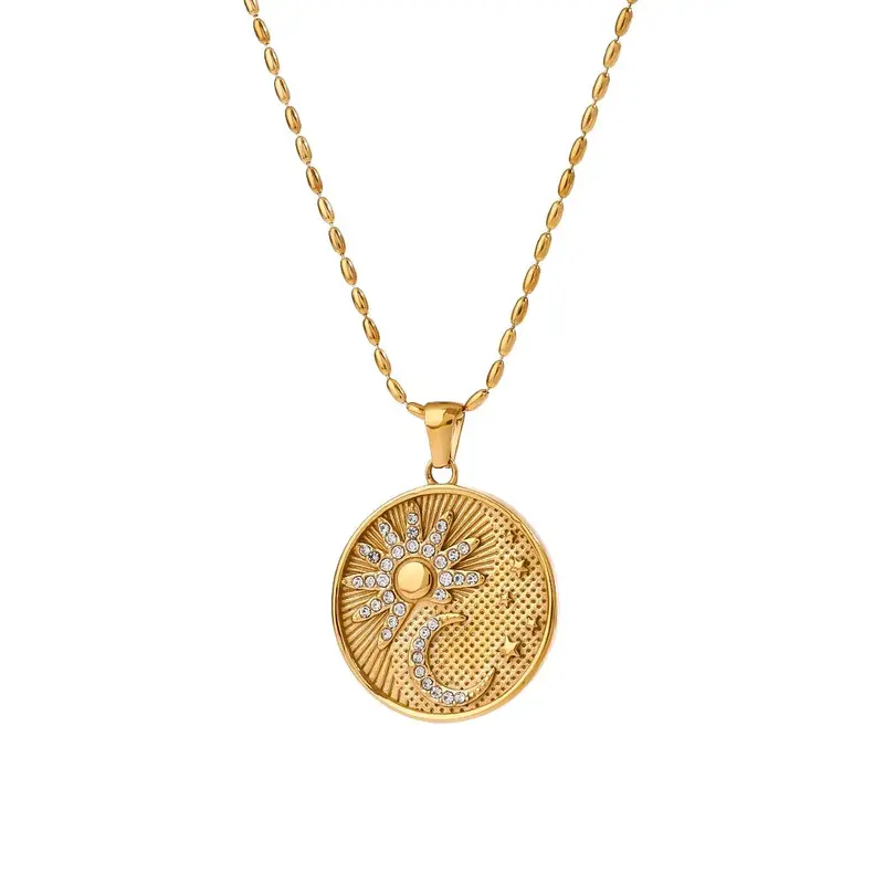 18K Gold Round Necklace With Sun And Moon Pattern And Diamond Design 2