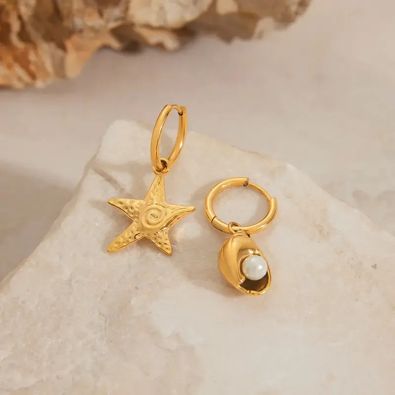 18K Gold Starfish With Conch Design Exquisite Ocean-Style Earrings 1