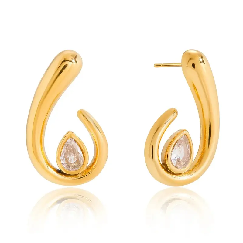 18K Gold Teardrop-Shaped Cubic Zirconia Stud Earrings 1