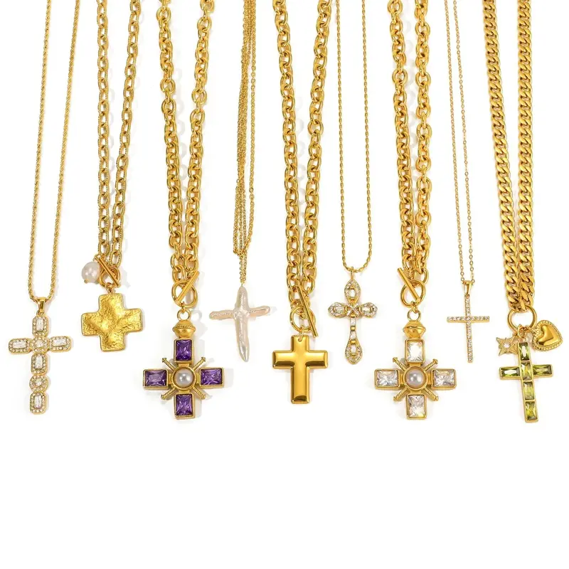 18K Gold Titanium Steel Cross Necklace. 1