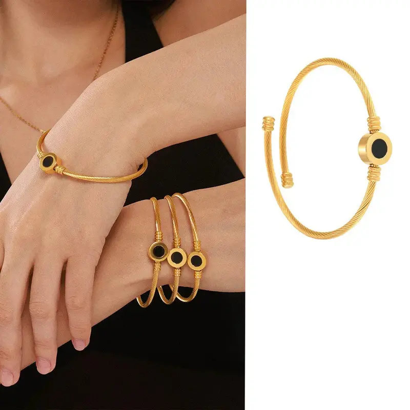 18K Gold Twill With Round Inlaid Gemstone Design Noble And Elegant Bracelet 1