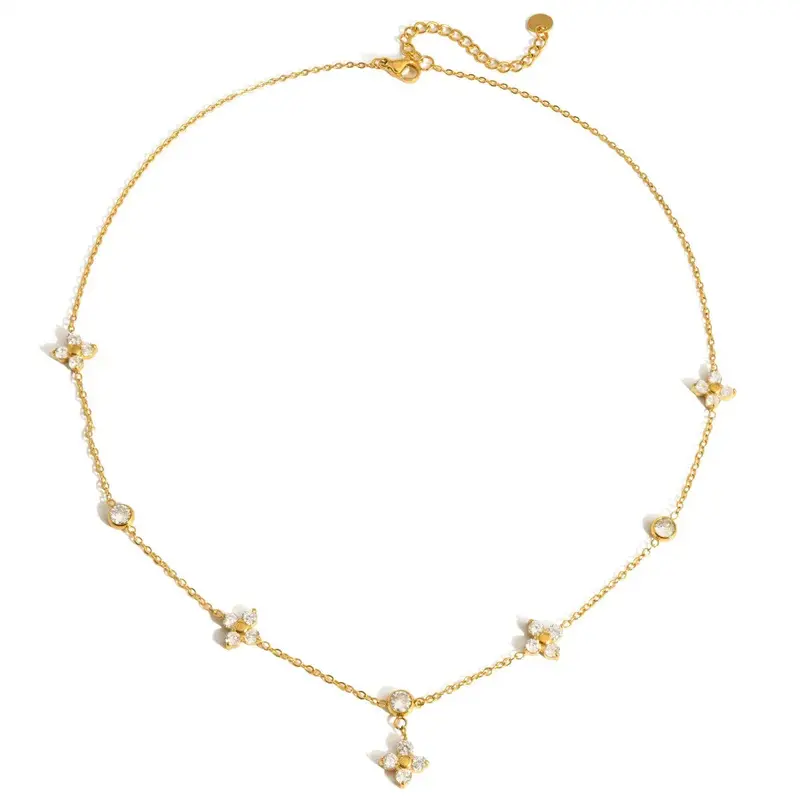 18K Gold Zircon Four-Leaf Clover Necklace 1
