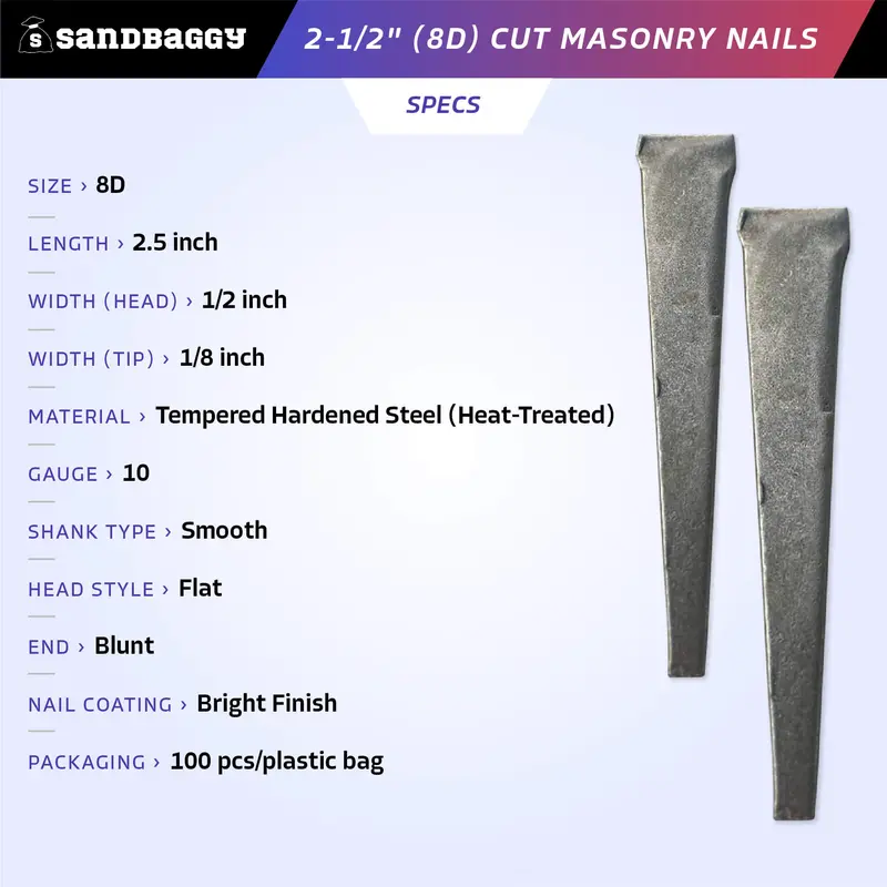 2-1/2" (8D) Cut Masonry Nails For Concrete, Brick, Mortar 2