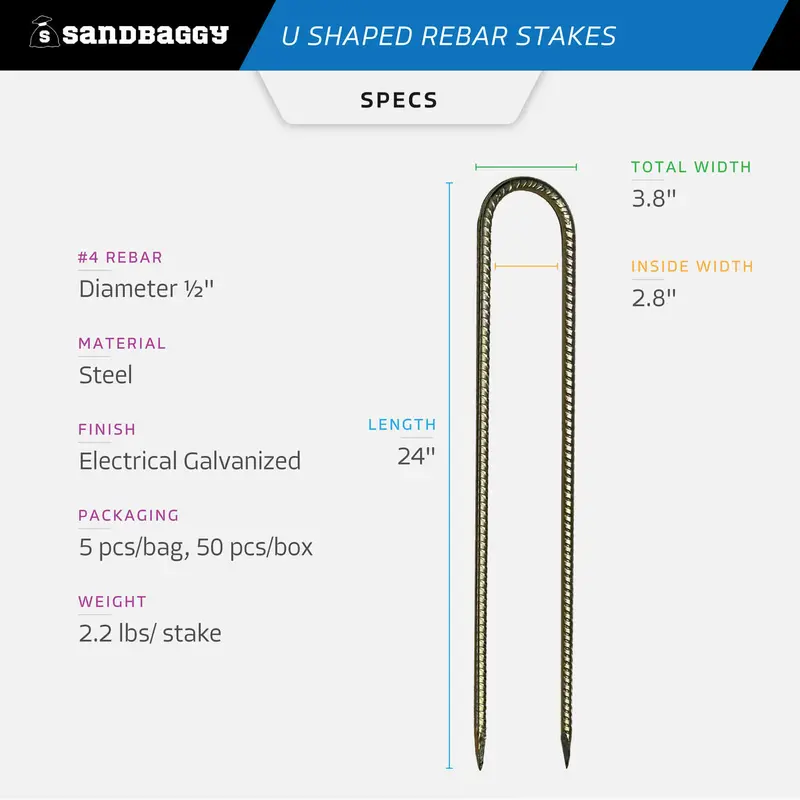 24" U Shaped Rebar Stakes - Galvanized Steel - 1/2" Diameter (#4 Rebar) 2