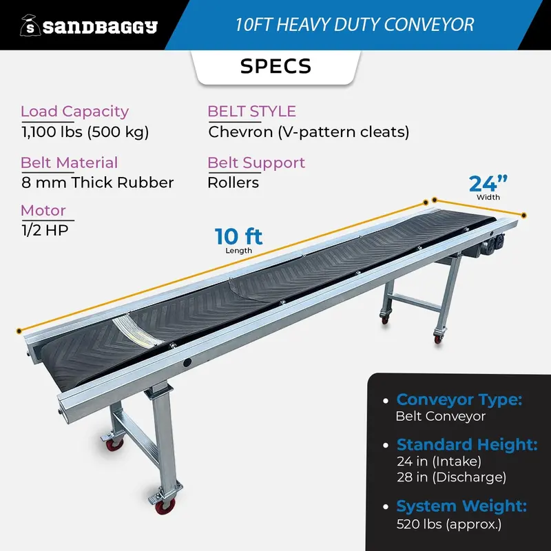 24" X 10 Ft Conveyor Belt System | 1,100 Lb Cap. | Chevron Rubber Belt 2