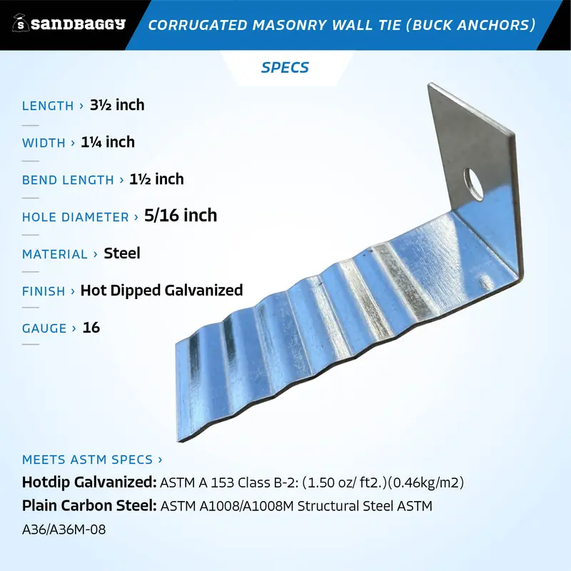 3-1/2" Corrugated Masonry Wall Tie - Buck Anchors - 16 Gauge (Hot Dipped Galvanized) 2