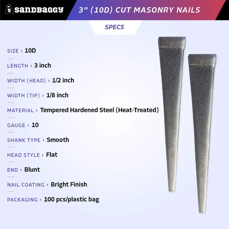 3" (10D) Cut Masonry Nails For Concrete, Brick, Mortar 2