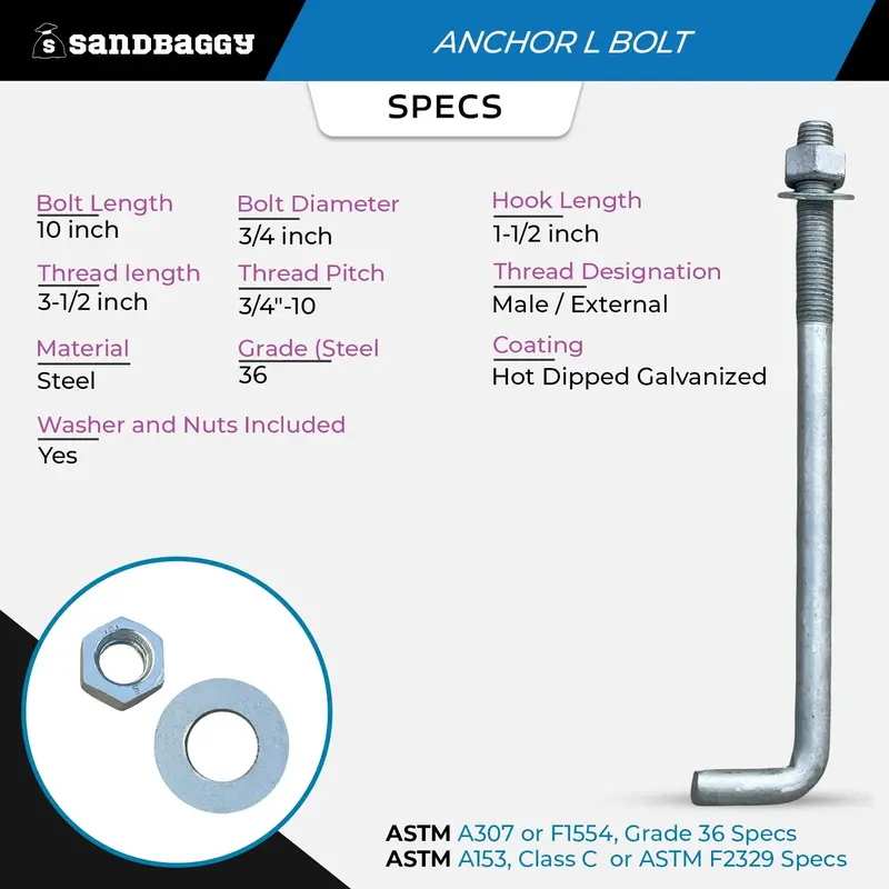 3/4" X 10" Threaded Concrete Anchor L-Bolts (Nuts & Washers Included) - Galvanized 2