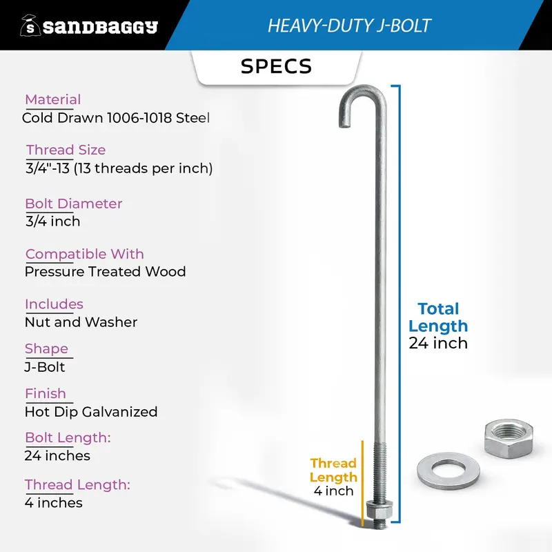 3/4" X 24" Galvanized Threaded J-Bolt Concrete Anchor (Nut & Washer Included) 2