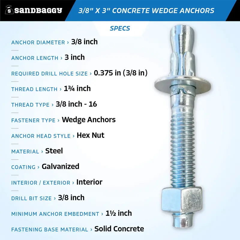 3/8" X 3" Concrete Wedge Anchors - Hex Head (Galvanized) 2