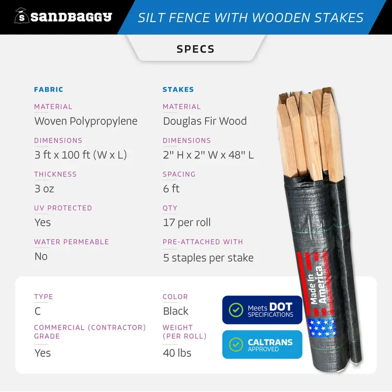 3 Ft X 100 Ft Dot Black Silt Fence With Wood Stakes (4 Ft) - Sediment And Erosion Control - Made In Usa 2