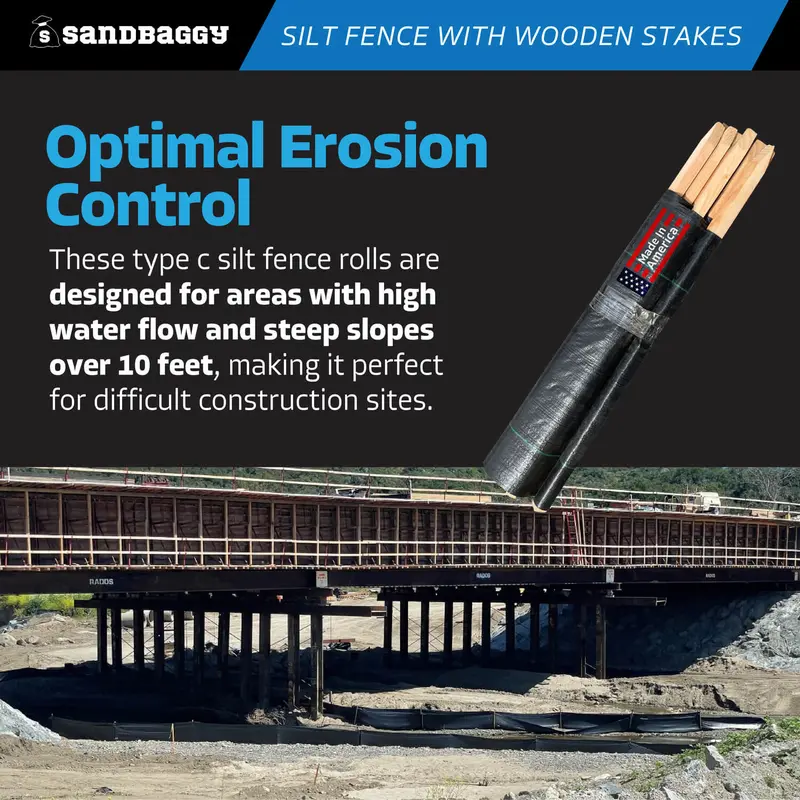 3 Ft X 100 Ft Dot Black Silt Fence With Wood Stakes (4 Ft) - Sediment And Erosion Control - Made In Usa 5