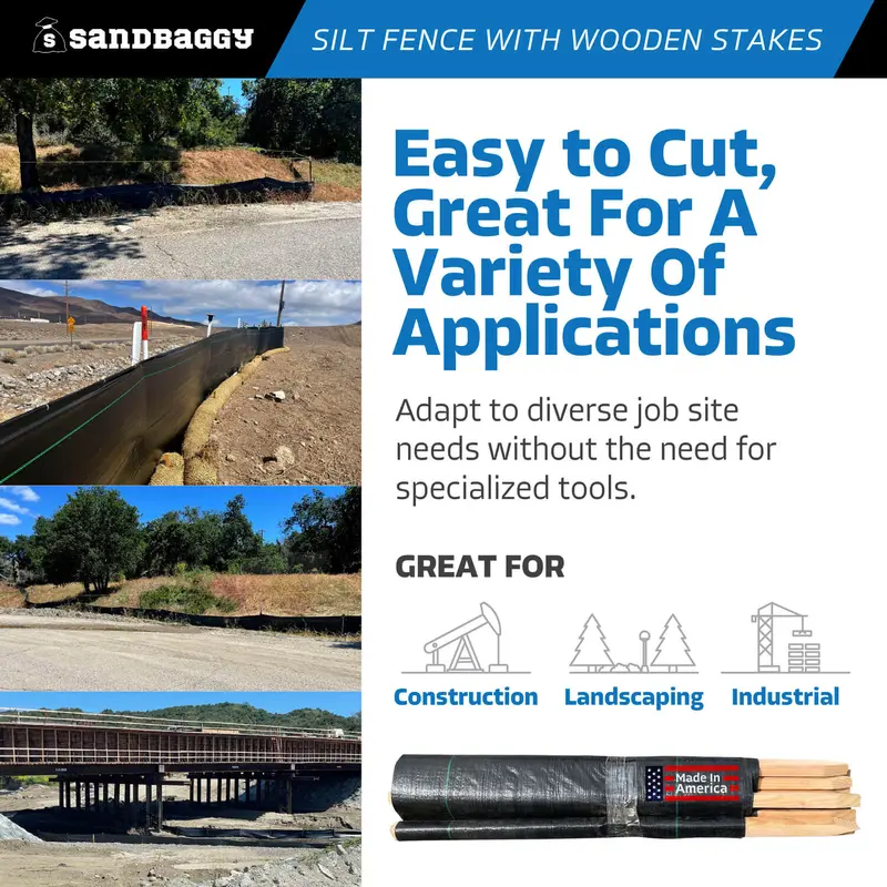 3 Ft X 100 Ft Dot Black Silt Fence With Wood Stakes (4 Ft) - Sediment And Erosion Control - Made In Usa 9