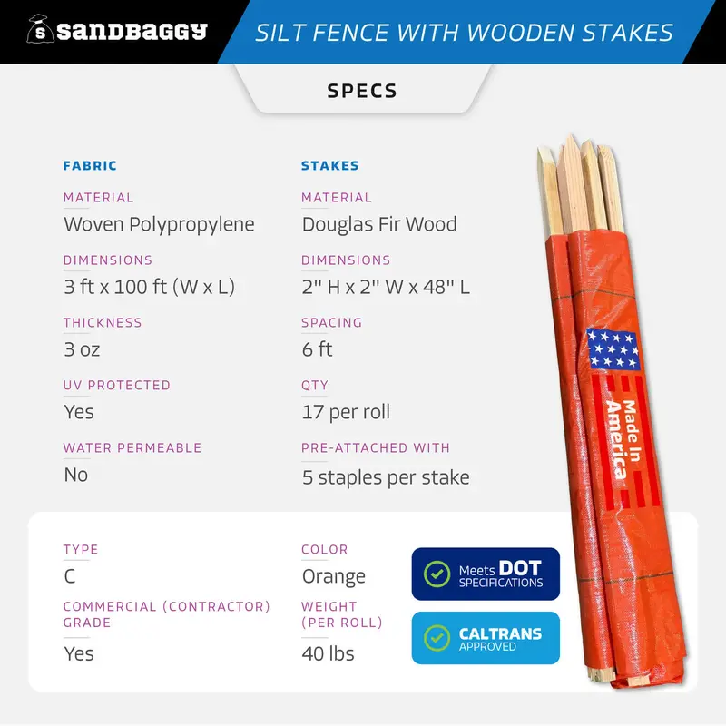 3 Ft X 100 Ft Dot Orange Silt Fence With Wood Stakes (4 Ft) - Sediment And Erosion Control - Made In Usa 2