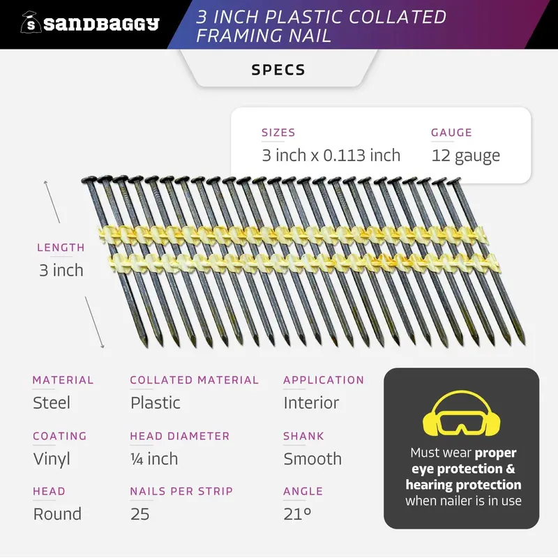3-Inch 21 Degree Framing Nails - Plastic Collated Strip (Vinyl Coated) 12
