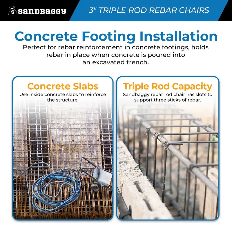 3 Inch Steel Rebar Chairs For Concrete Footings - Triple Rod Capacity 5