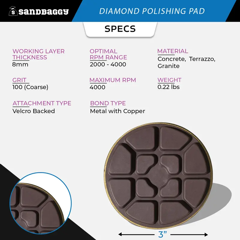 3" Metal Bond Diamond Polishing Pad - 100 Grit (8Mm Thick) 2