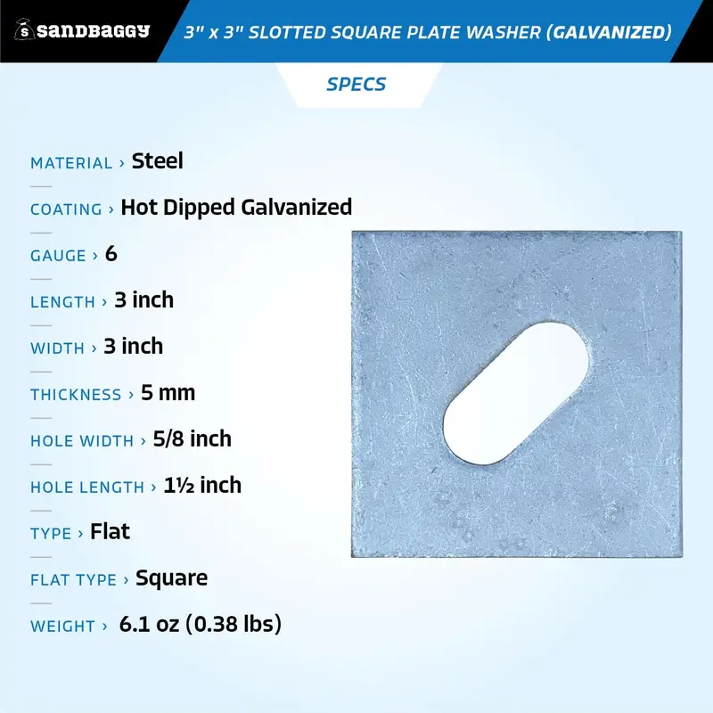 3" X 3" Slotted Square Plate Washer (Galvanized) - 5/8" Anchor Bolt Diameter 2
