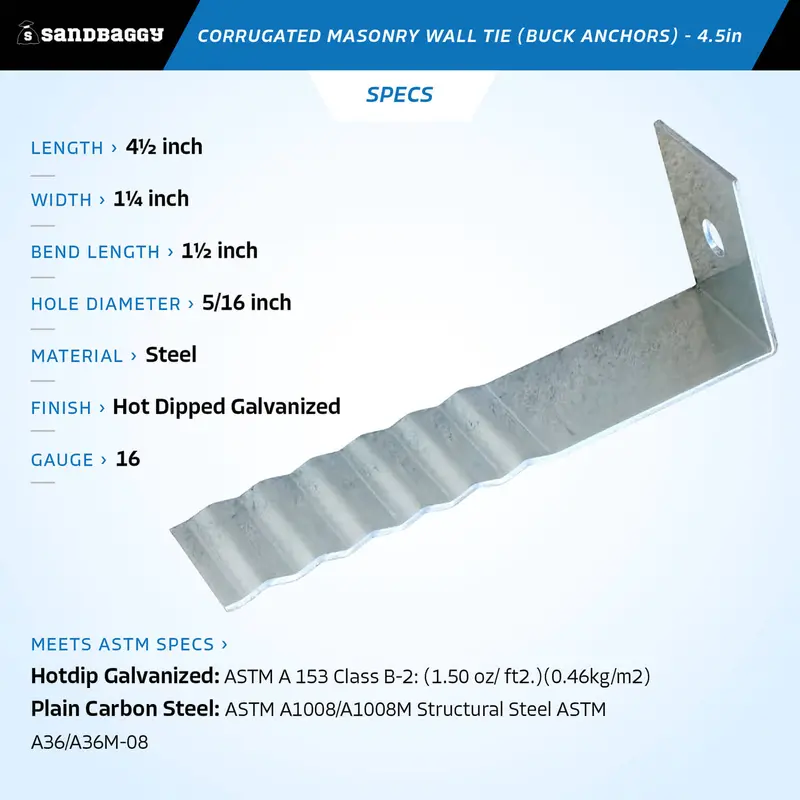 4-1/2" Corrugated Masonry Wall Tie - Buck Anchors - 16 Gauge (Hot Dipped Galvanized) 2