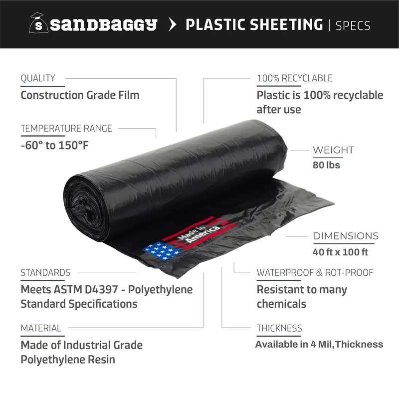 4 Mil, 40 Ft X 100 Ft Black Plastic Sheeting Roll - Polyethylene Visqueen | Usa Made 2