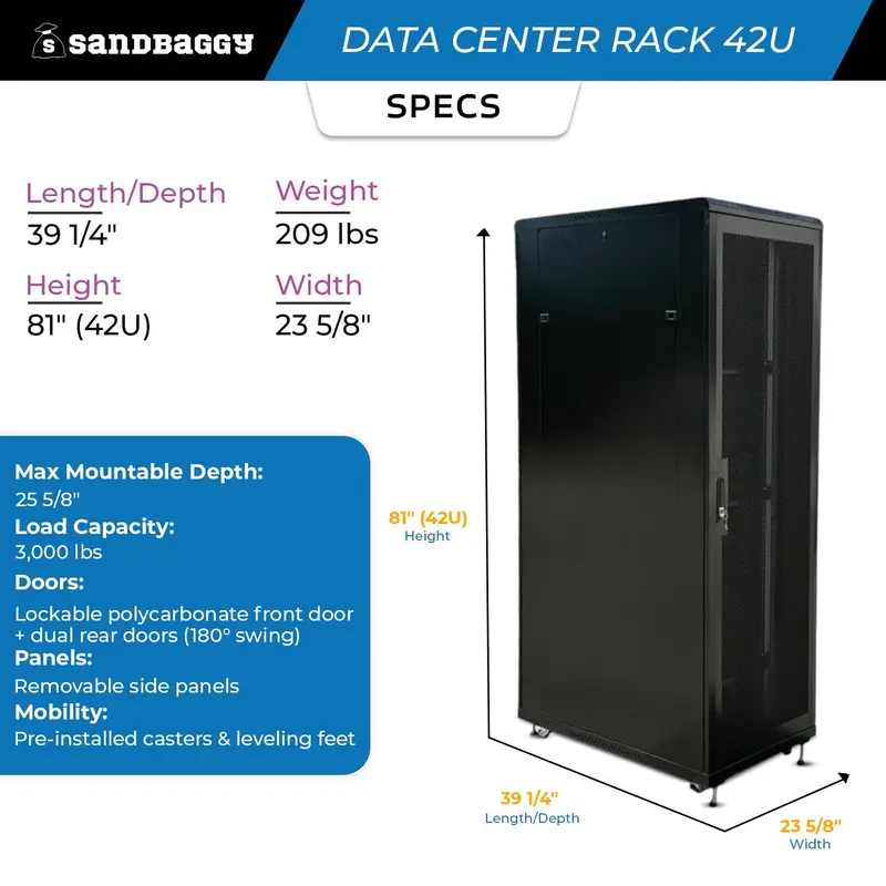 42U Data Center Rack - Lockable, Heavy Duty With Cooling Support 2