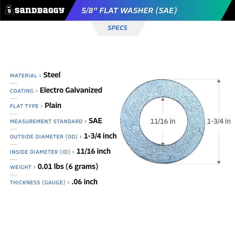 5/8" Flat Washer (Sae) For Screws, Bolts - Galvanized Steel 2
