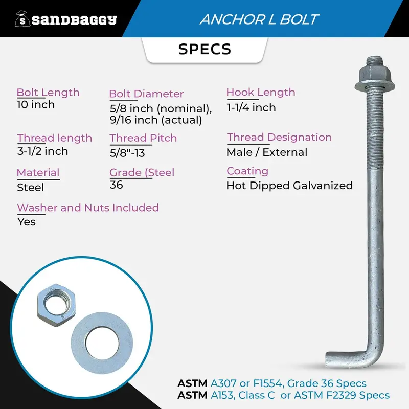 5/8" X 10" Threaded Concrete Anchor L-Bolts (Nuts & Washers Included) - Galvanized 2