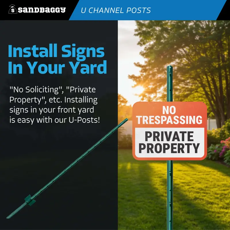 5 Ft U Channel Posts For Fences & Signs - Studded Steel, Green 7