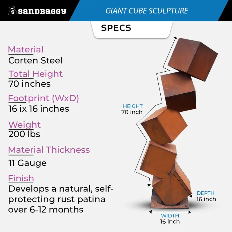 70" Corten Steel Cube Sculpture | Modern Garden Art & Metal Decor 2